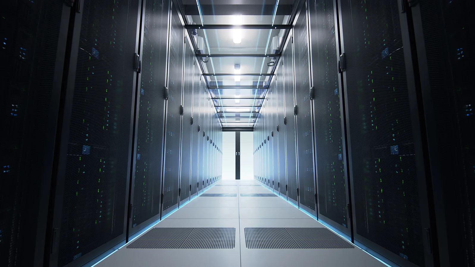 View down a rack aisle in one of the ClearMedia datacenters with server racks lined up on both sides