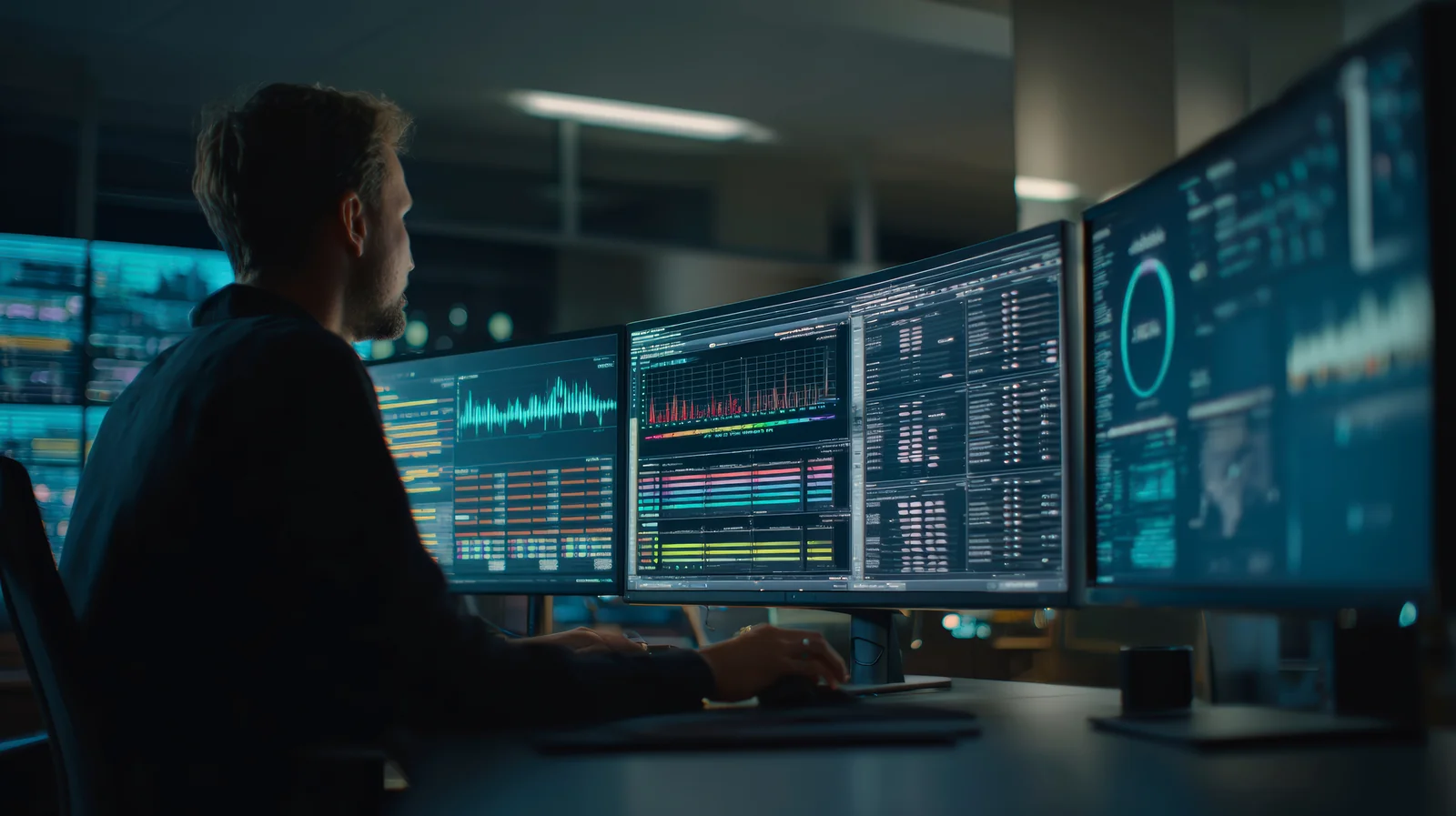 SIEM und Log-Management: Security-Analyst wertet Logs und Dashboards auf mehreren Monitoren aus