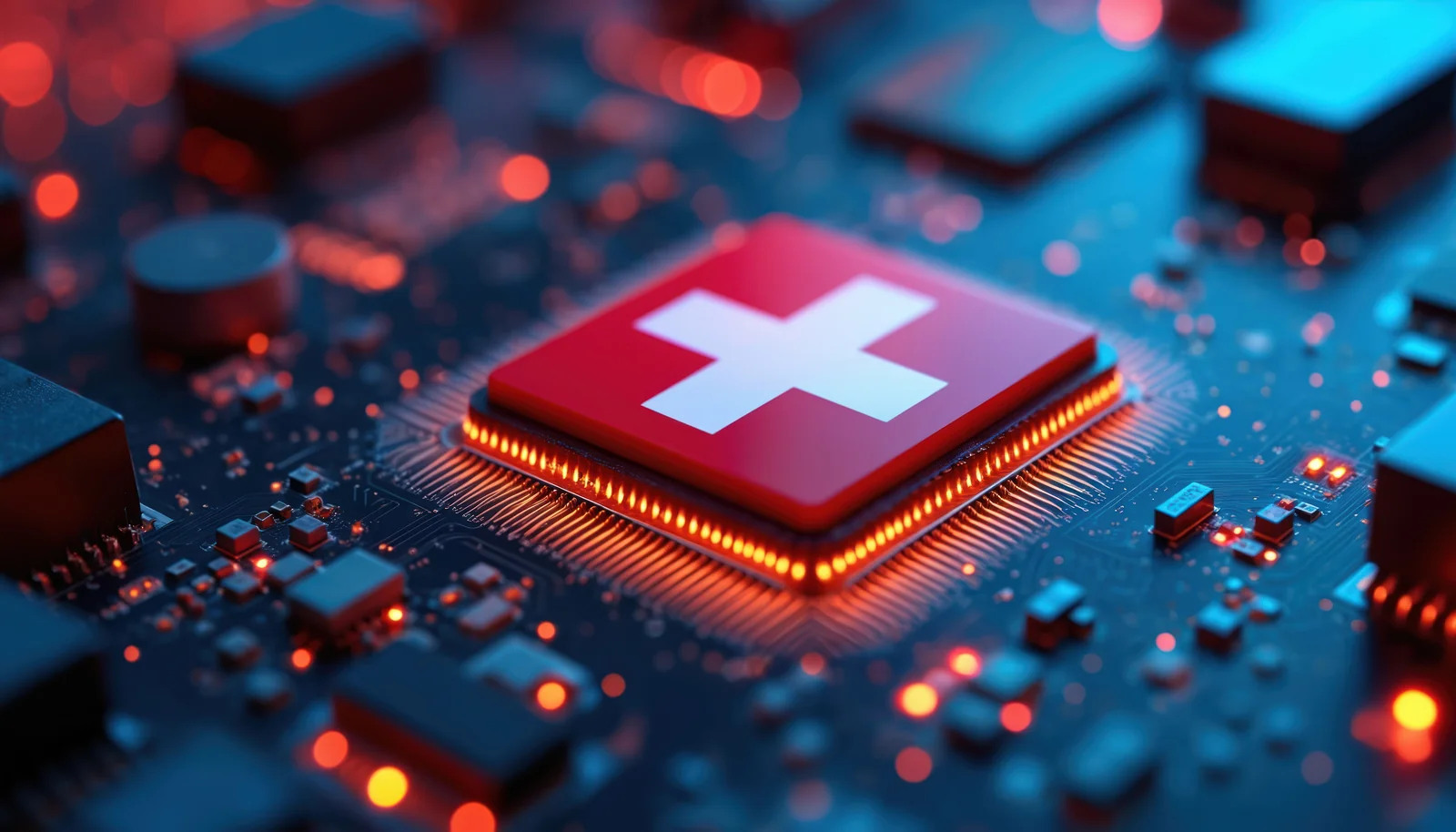 KI mit Datenstandort Schweiz: Prozessor mit Schweizer Kreuz als Sinnbild für souveräne KI-Infrastruktur