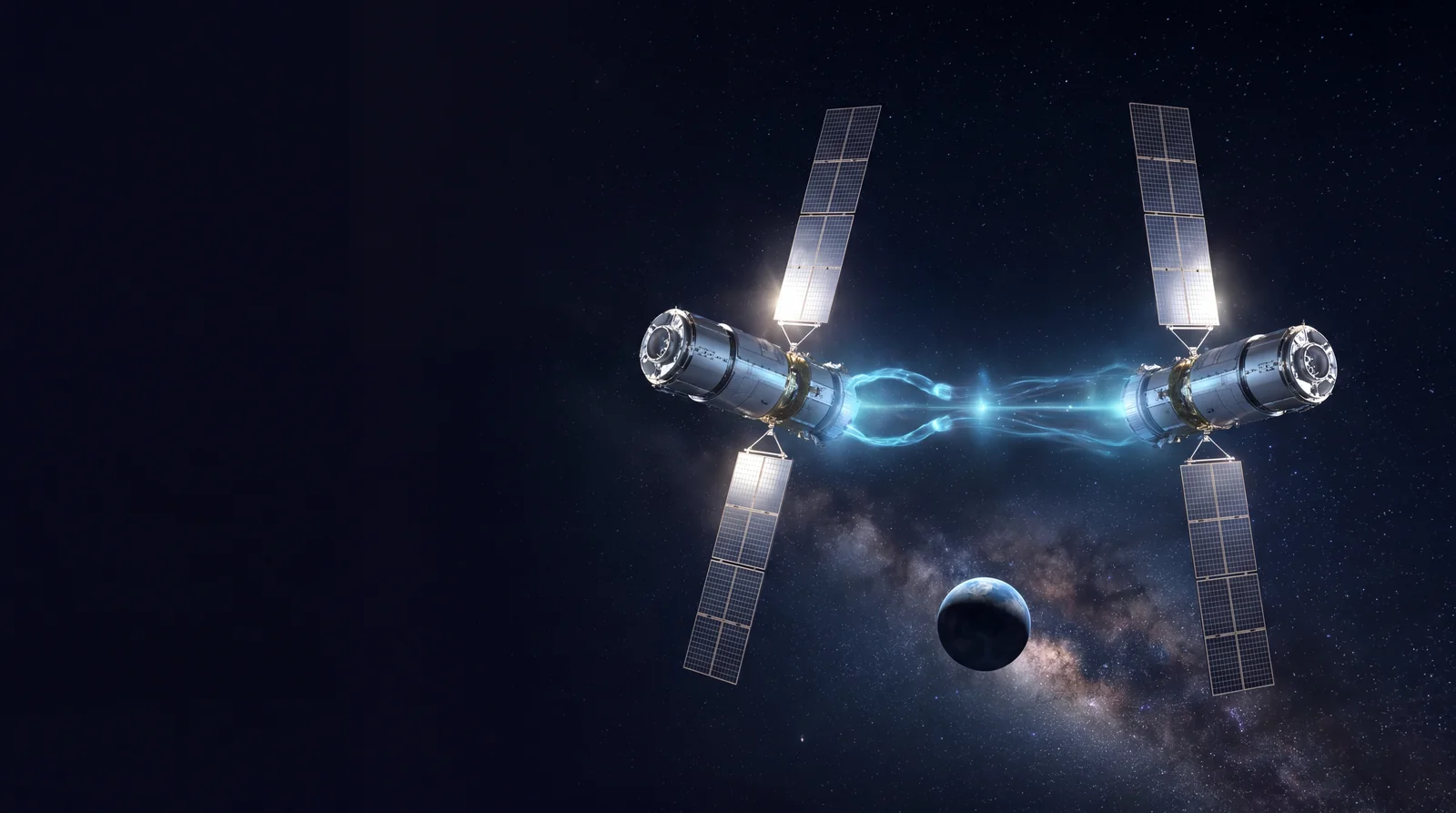 Two mirrored satellites in orbit, symbolic of the two backup services at ClearMedia