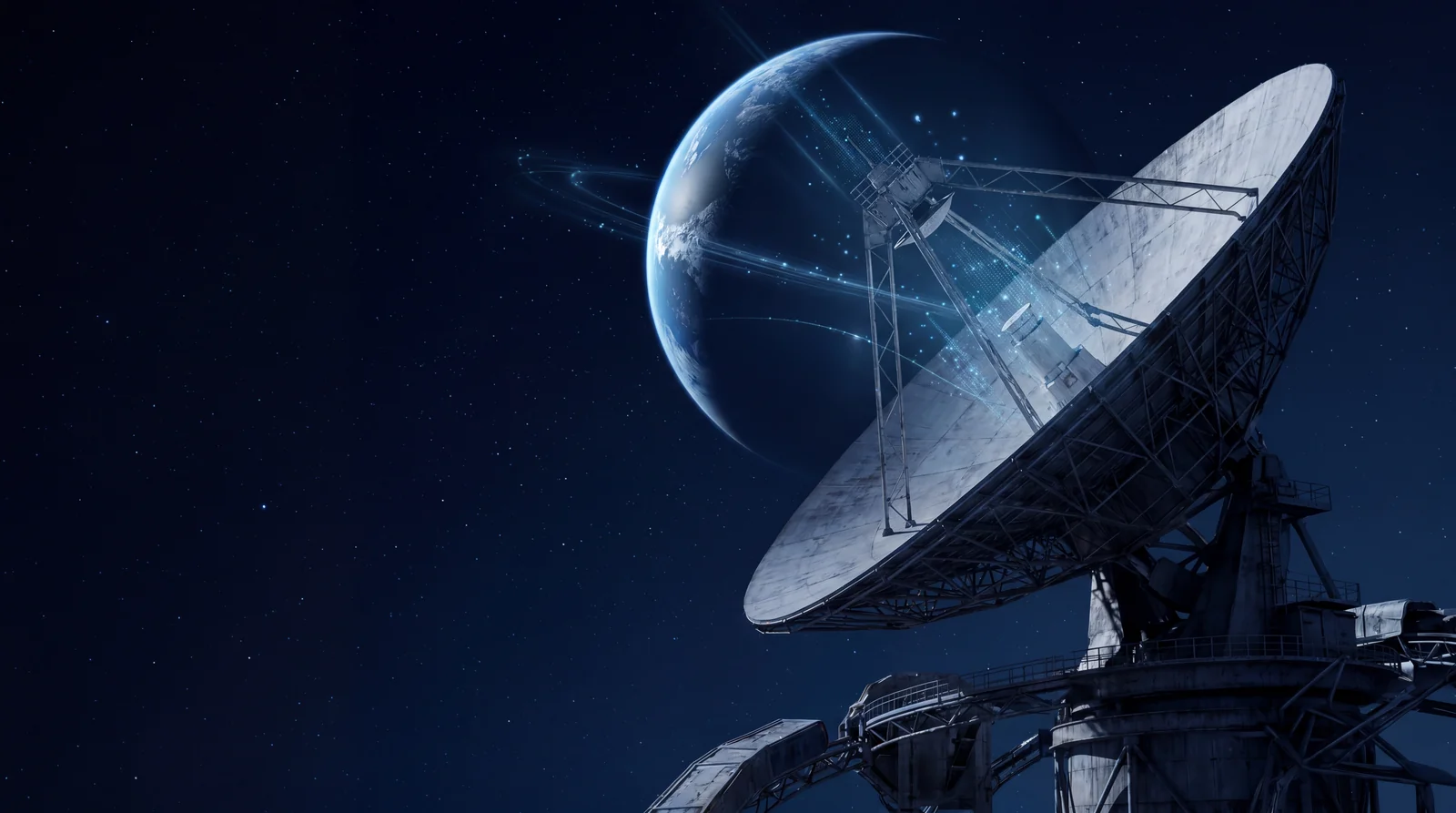 Large parabolic antenna in orbit, symbolic of business internet over our own AS49489