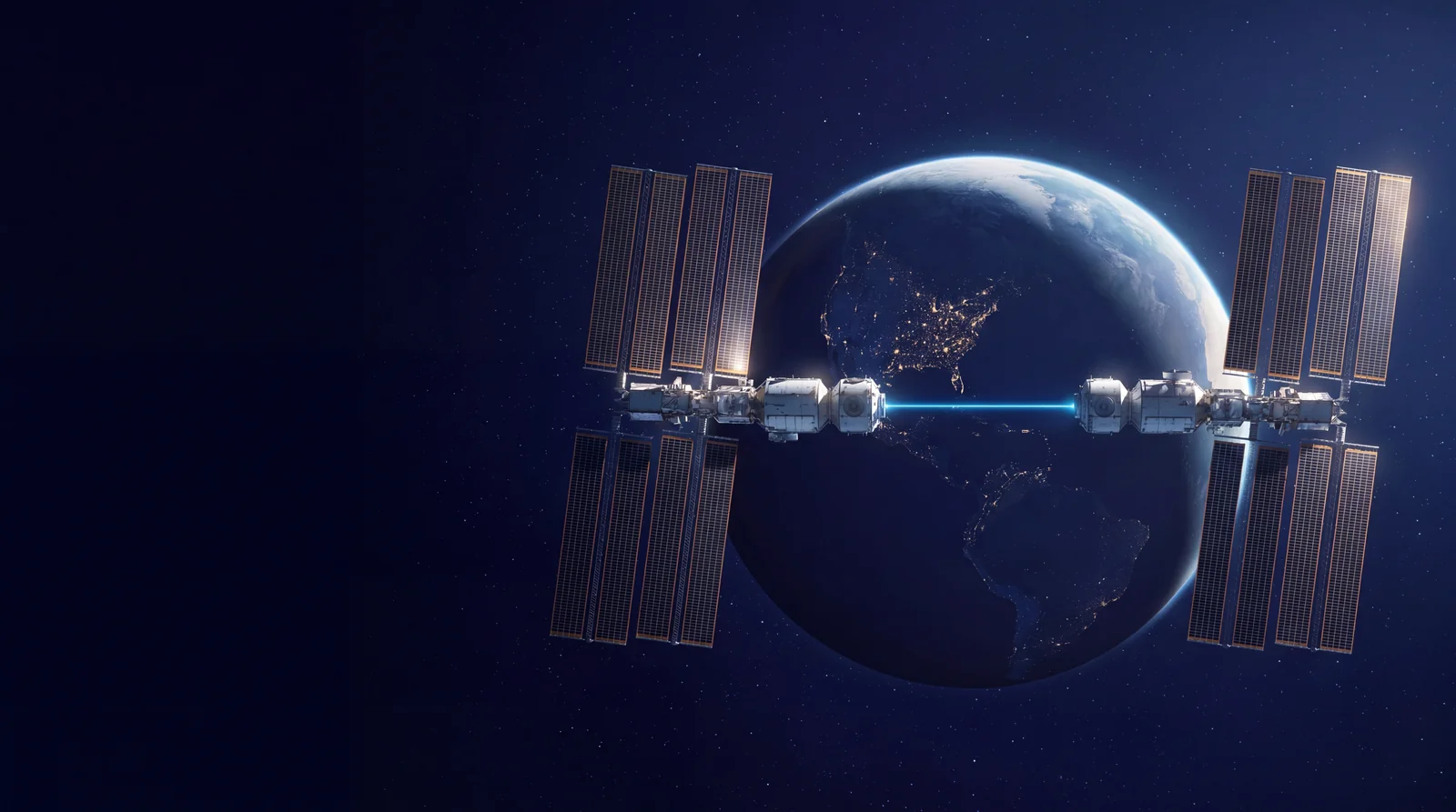 Two space stations in orbit connected by a light beam, symbolic of the geo-redundant datacenters ZRH-01 and ZRH-02
