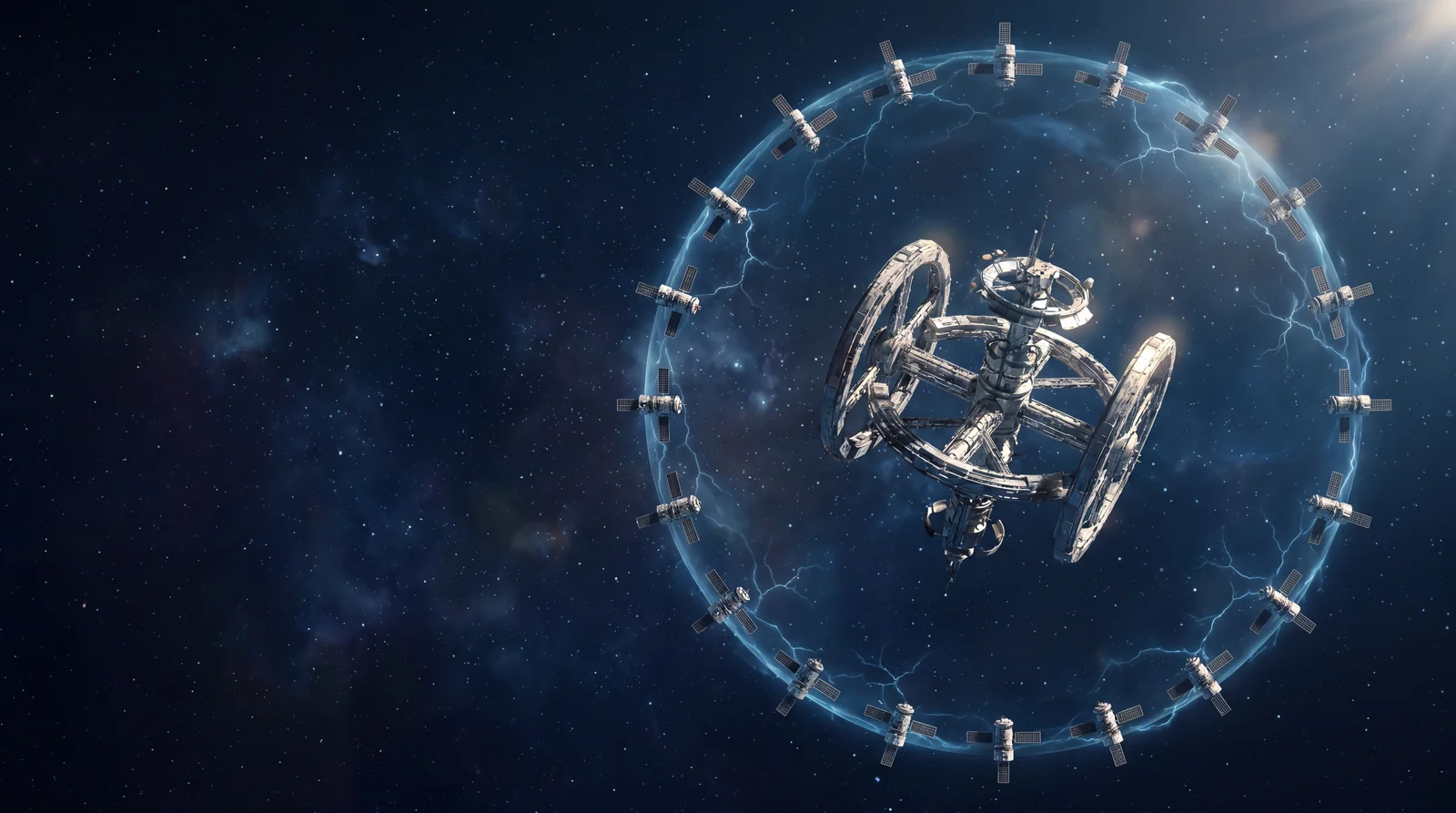 Ring von Verteidigungs-Satelliten, symbolisch für Managed Firewall und sicheren Fernzugriff