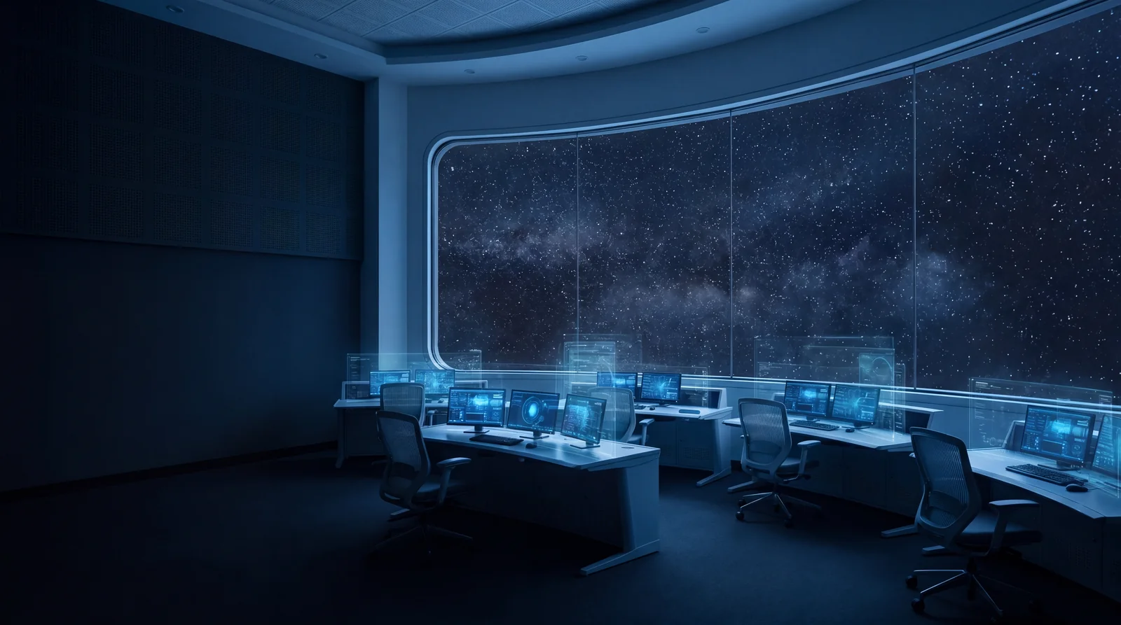Mission Control mit Monitoring-Stationen, symbolisch für IT-Outsourcing als Managed Service