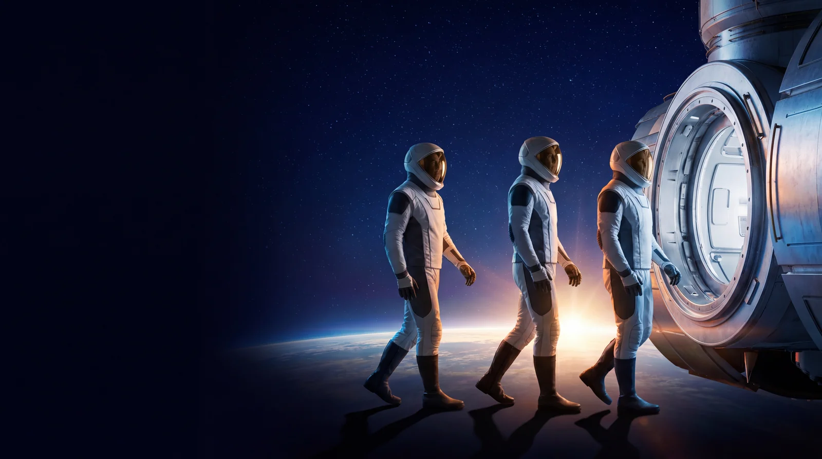 Astronauten-Crew vor einer Raumstation, symbolisch für offene Stellen bei ClearMedia