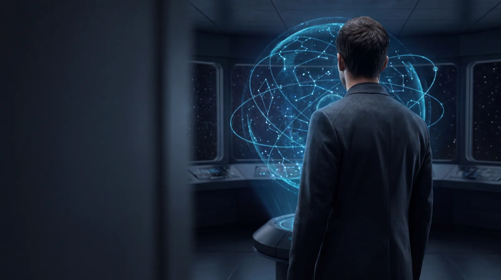 Person studiert holographische Sternenkarte, symbolisch für KI-Beratung und Evaluation