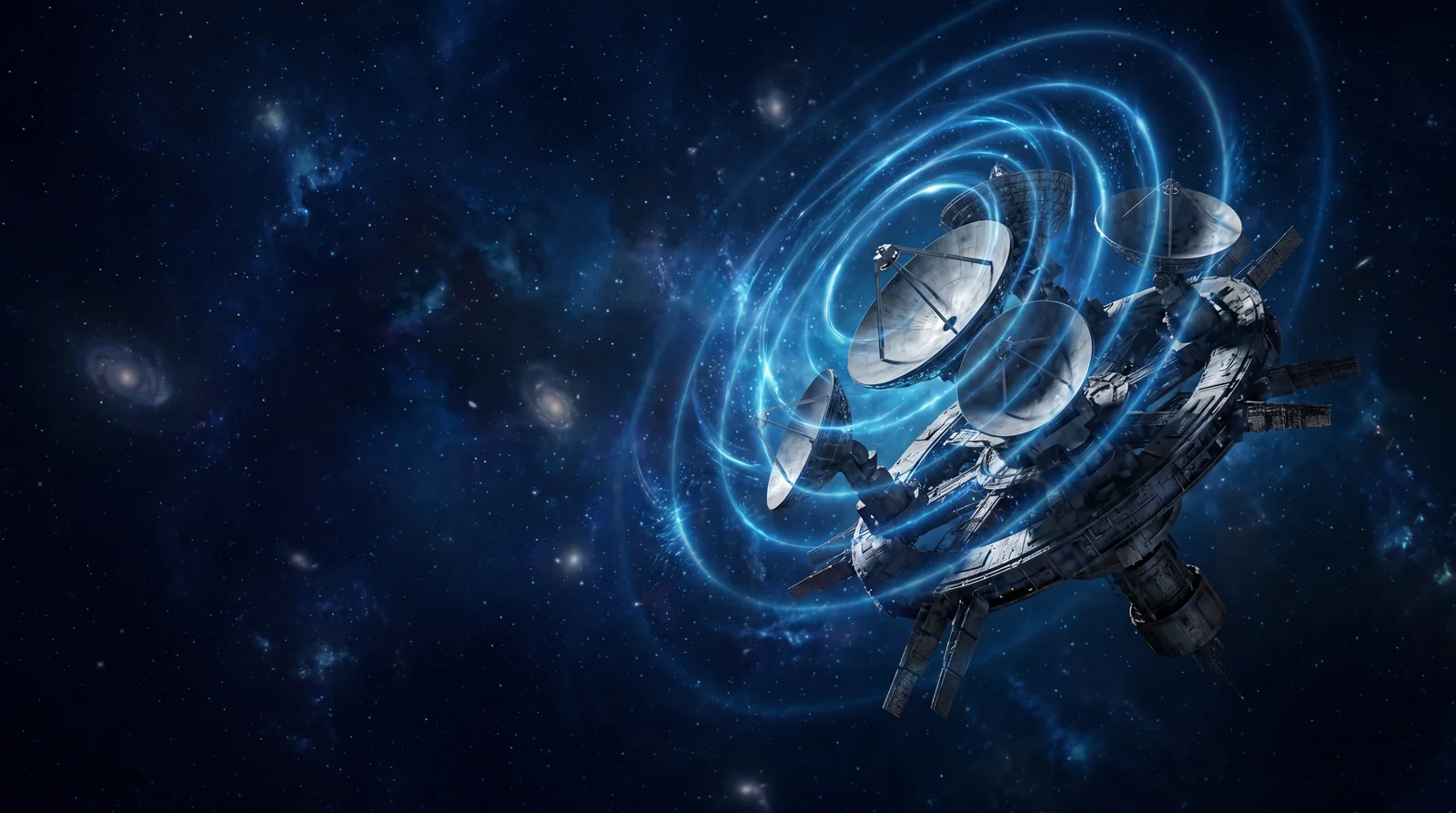 Antenna cluster in orbit with signal waves, symbolic of enterprise networking and WiFi