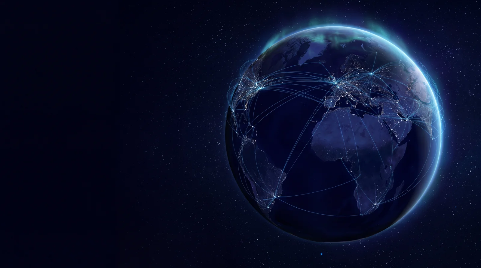 Earth from orbit with global network streams, symbolic of managed public cloud
