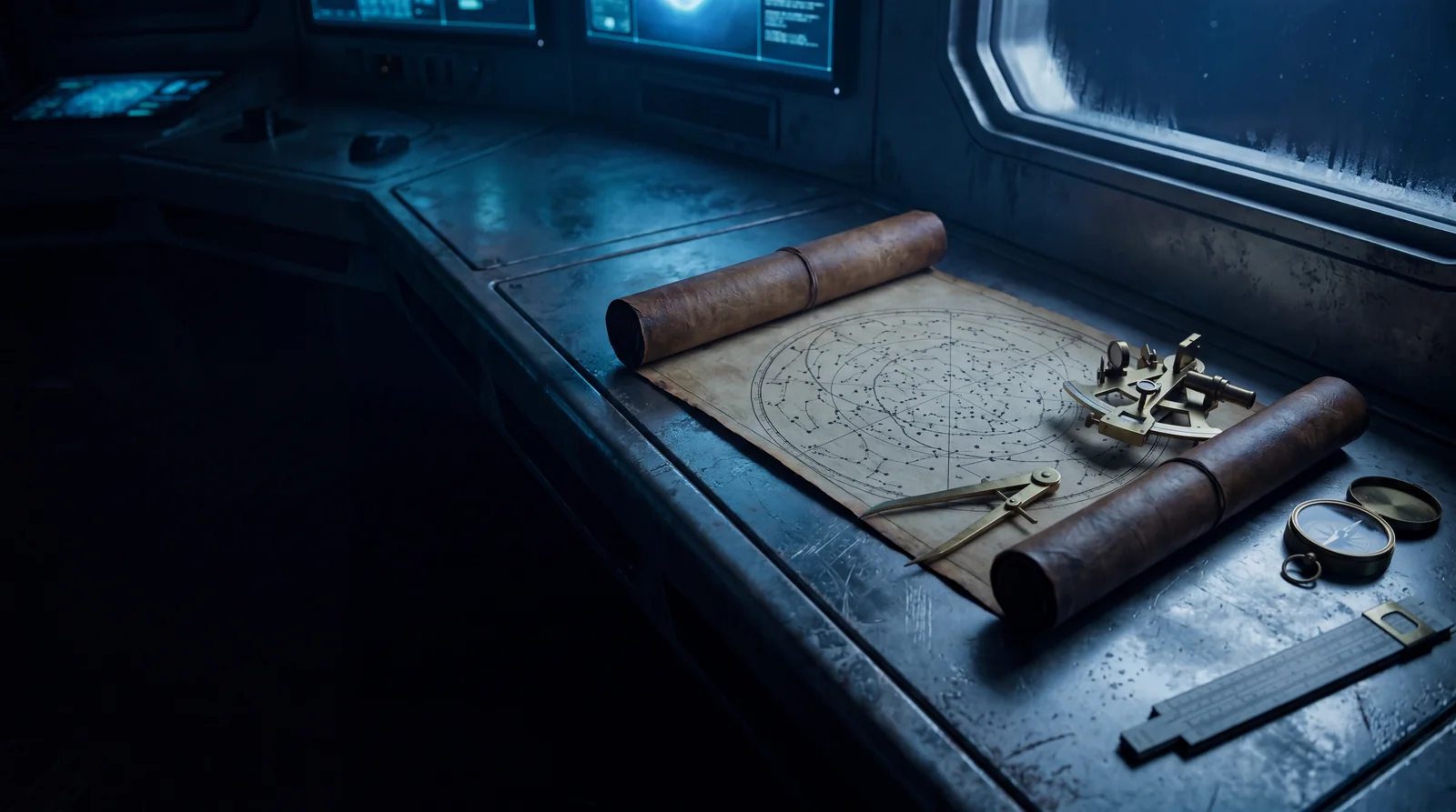 Sternkarte und Navigationsinstrumente, symbolisch für Orientierung bei IT-Sicherheit
