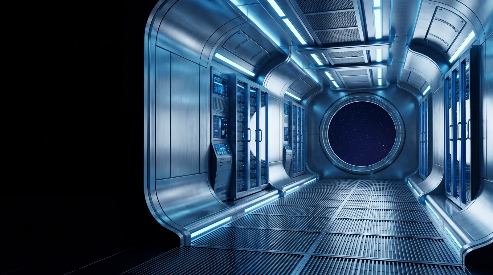 Interior view of a space station with server infrastructure, symbolic of ClearMedia's server and storage hardware