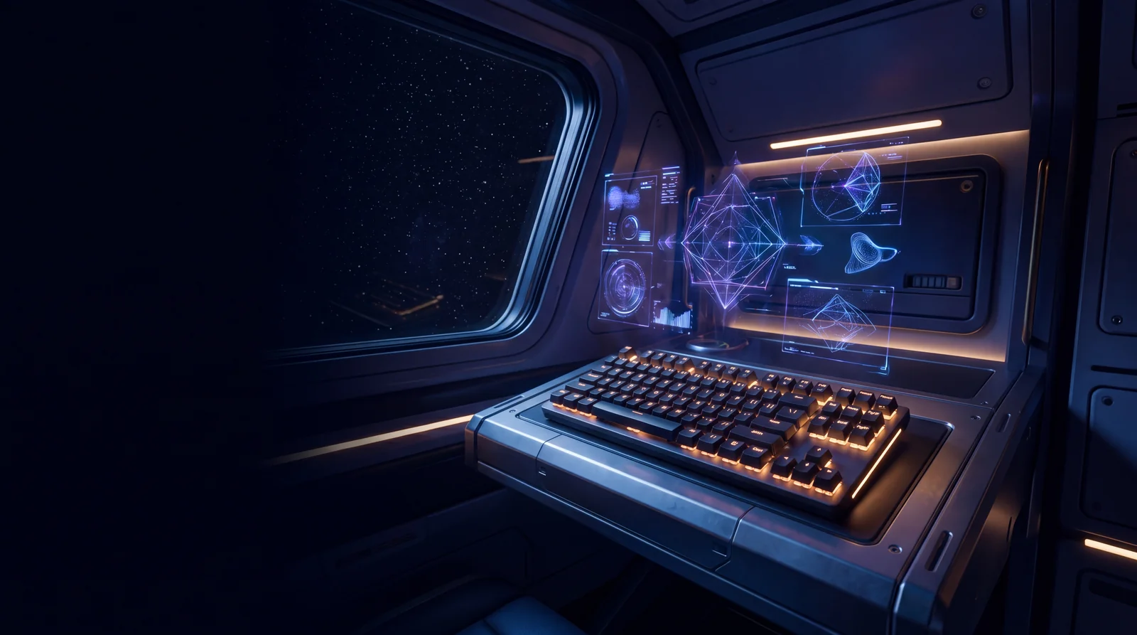 Orbital workstation with code hologram, symbolic of bespoke software development