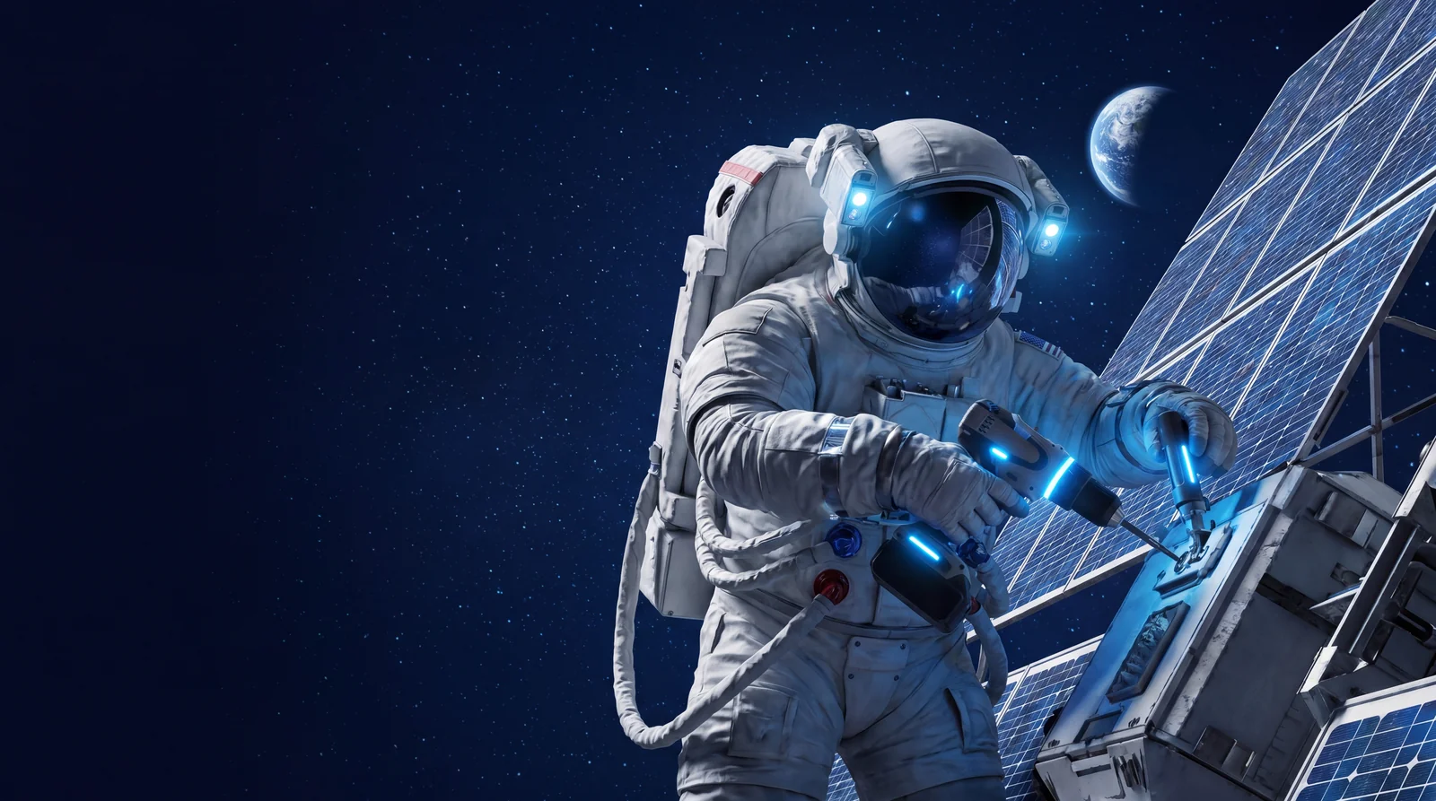 Astronaut servicing a satellite in space, symbolic of IT support and maintenance